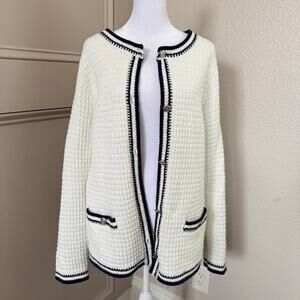 J.Jill Wearever Contrast Trim Textured Sweater Jacket White Blue Size M Coastal